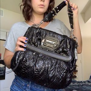 Guess Textured Black Shoulder Bag with Silver Accents